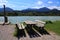 Picnic table next to river Drava in Austria