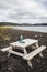 Picnic table outdoors with lake view, Green thermos with tea and cup on table.
