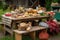 picnic table overflowing with picnic basket goodies, from sandwiches and chips to warm blankets and games