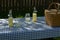 Picnic table with vintage picnic basket, blue checked table cloth