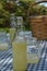 Picnic table with vintage picnic basket, blue checked table cloth