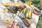 Picnic tablecloth with food and drink