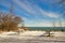 Picnic tables on bluff overlooking Lake Michigan.