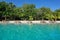 Picnic tables on tropical beach French Polynesia