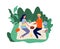 Picnic time. Girl boy drinking wine and eating on nature. Birthday cake and flowers, happy couple relaxing vector