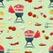 PICNIC TIME. Grill background, pattern. Vector set. Various special tools and food for barbecue.