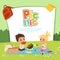 Picnic vector banner. Kids sitting in the garden and eat some fruits