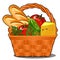 Picnic wicker basket with food product, fresh vegetables, piece of cheese, fresh loaf isolated on white background