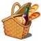 Picnic wicker basket with food product, oatmeal cookies, bottle of wine, fresh loaf isolated on white background. Vector