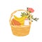 Picnic wicker basket with meals and flower, bananas, tasty sandwich and bottle of milk