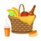 Picnic Wicker Hamper with Foodstuff for Eating Outdoors Vector Illustration