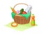 Picnic Wicker Hamper with Foodstuff for Eating Outdoors Vector Illustration