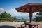 Picnic wooden table with a wood umbrella and benches in front of a panorama of the divcibare mountains and the tometino polje