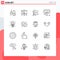 Pictogram Set of 16 Simple Outlines of cone, medical, presentation, hospital, spoon