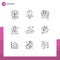 Pictogram Set of 9 Simple Outlines of cleaning, service, gun, restaurant, catering