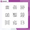 Pictogram Set of 9 Simple Outlines of laptop, wedding, glass, telephone, heart