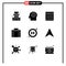 Pictogram Set of 9 Simple Solid Glyphs of location, pause, study education, multimedia, suitcase