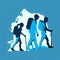 Pictogram of three hikers with a large backpack and hiking poles climbing a mountain in dark blue tones. AI Generated