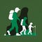 Pictogram of three hikers with a large backpack and hiking poles climbing a mountain in dark green tones. AI Generated