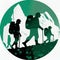 Pictogram of three hikers with a large backpack and hiking poles climbing a mountain in dark green tones. AI Generated