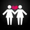 Pictograms of lesbian women holding hands on a background and hearts.