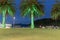 PICTON NEW ZEALAND- OCTOBER 2 2018; Long exposure brightly lit palm trees and waterfront at night with illuminated waters-edge