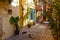 Pictoresque mediterranean street with stairs and flower pots, Chania, island of Crete, Greece