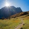 Pictorial mountain landscape karwendel alps, hiking trail to Falken hut, bright sunshine, square format