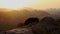 Pictorial Mountains Valley at Sunset and Rocks on Foreground