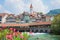 Pictorial old town thun and wooden dam bridge over aare river, s