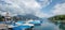 Pictorial port with moored boats at spiez harbor, beautiful tour