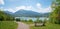 Pictorial spring landscape upper bavaria, view from Leeberg hill to lake Tegernsee, Wallberg Mountain and tourist resort Rottach-