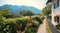 Pictorial walkway along Loisach river, Eschenlohe village, autumn in bavaria with mountain view