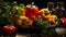 Pictoric still life of yellow, red and green bell peppers