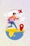 Picture 3d collage poster image artwork of funky happy miniature girl running airport registration abroad isolated