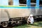 Picture of Asian engineer wearing safety helmet with checking train for maintenance in station