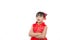 A picture of an Asian girl wearing a red Chinese dress in a white background. Concept Chinese new year for the love day and is a