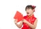 A picture of an Asian girl wearing a red Chinese dress in a white background. Concept Chinese new year for the love day and is a