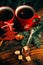 Picture of beautiful Christmas table setting, shining white plate with red cup for coffee decorated holiday dinner, branch of berr
