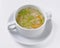 A picture of a bowl of traditional chicken soup served in a bowl over white background