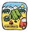 Picture of camping in the woods. Nature and resting. Emblem, label.