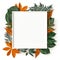 Picture canvas frame mockup against a pristine white background, elegantly surrounded by lush leaves.