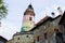 Picture of the Castle Tower from the patio of State Castle, the most famous symbol of Cesky Krumlov, Czech Republic