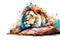 picture of colorful dangerous lion lying on stone on white background