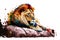 picture of colorful dangerous lion lying on stone on white background