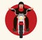 Picture of cool biker character riding a motorbike, character design, front view, flat style illustration