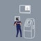 Picture of a criminal in masks trying to break the background of ATM security. Vector illustration