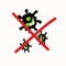 Picture of crossed out corona virus icon image. Fight viral spread quarantine covid 19 element. Educational hand drawn