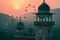 A picture of the dome and a clock tower in a Mosque at sunset or sunrise, the tallest clock tower