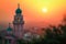 A picture of the dome and a clock tower in a Mosque at sunset or sunrise, the tallest clock tower